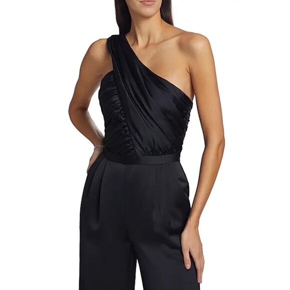 RAMY BROOK Women's Black Myra Asymmetric Pleated Satin Jumpsuit Size 10 - Picture 4 of 8